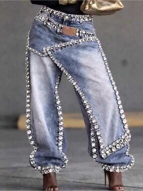Embellished Light Blue Denim Jeans with Crystal Trim